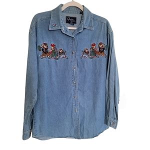 Vintage Let's Quizz Again Bear Embroidered Denim Button Down Shirt